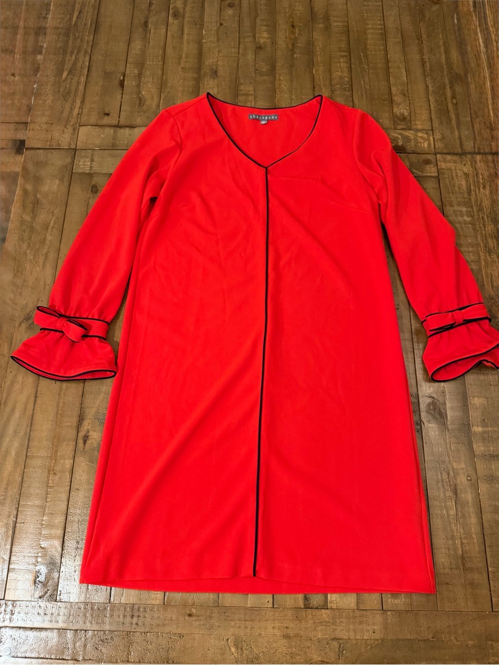 Sharagano Bright Red Long Sleeve Shift Dress with Black Trim